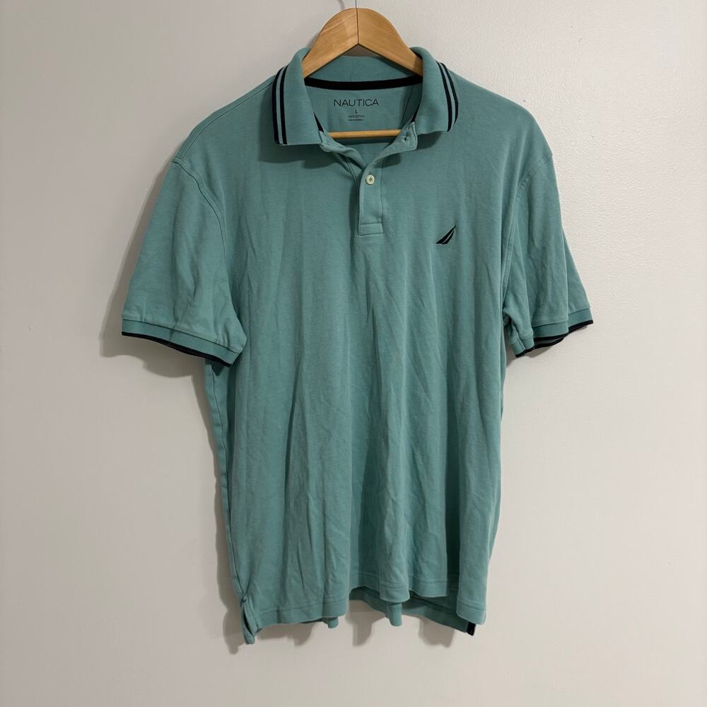 Men's Nautica Large Aqua Sailboat Polo Golf Collared Shirt Resort Boho Preppy